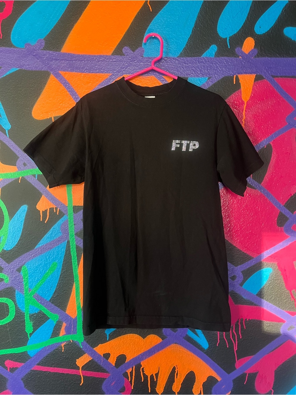 FTP black cotton t-shirt with silver rhinestone 'FTP' text